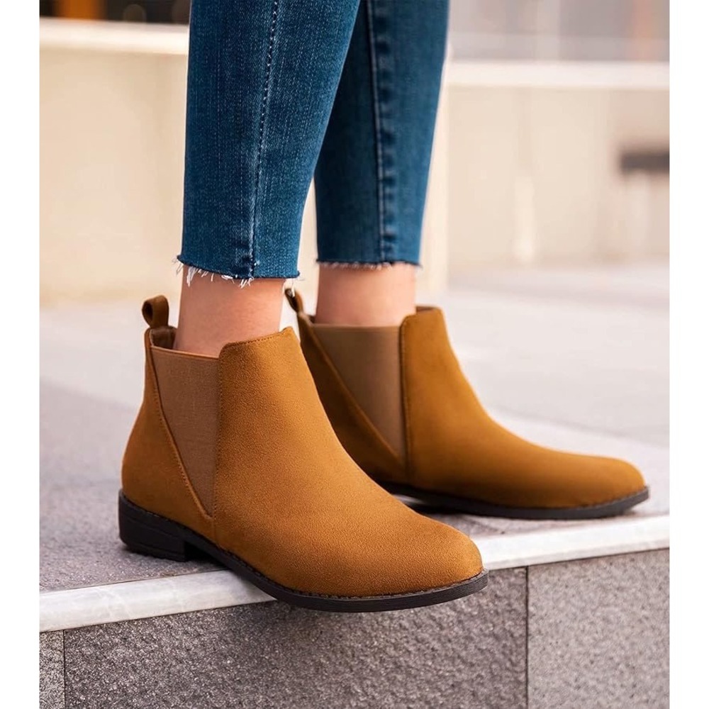 MaxMuxun Women's Tan Suede‎ Chelsea Ankle Booties Elastic Side Flat Heel Size 10